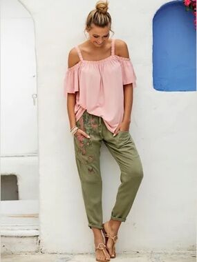 Oslo Green Painted Floral Jogger Pants - Size 6 - Artsy Boho Style